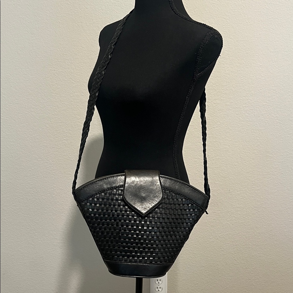 Inge Christopher Handmade Black Woven Leather Shoulder Bag